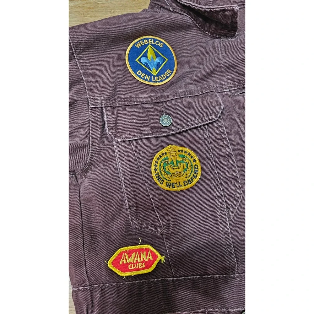 Stoosh Patchwork Denim Jacket Women Sz‎ L Brown Cropped Scout Patches Streetwear